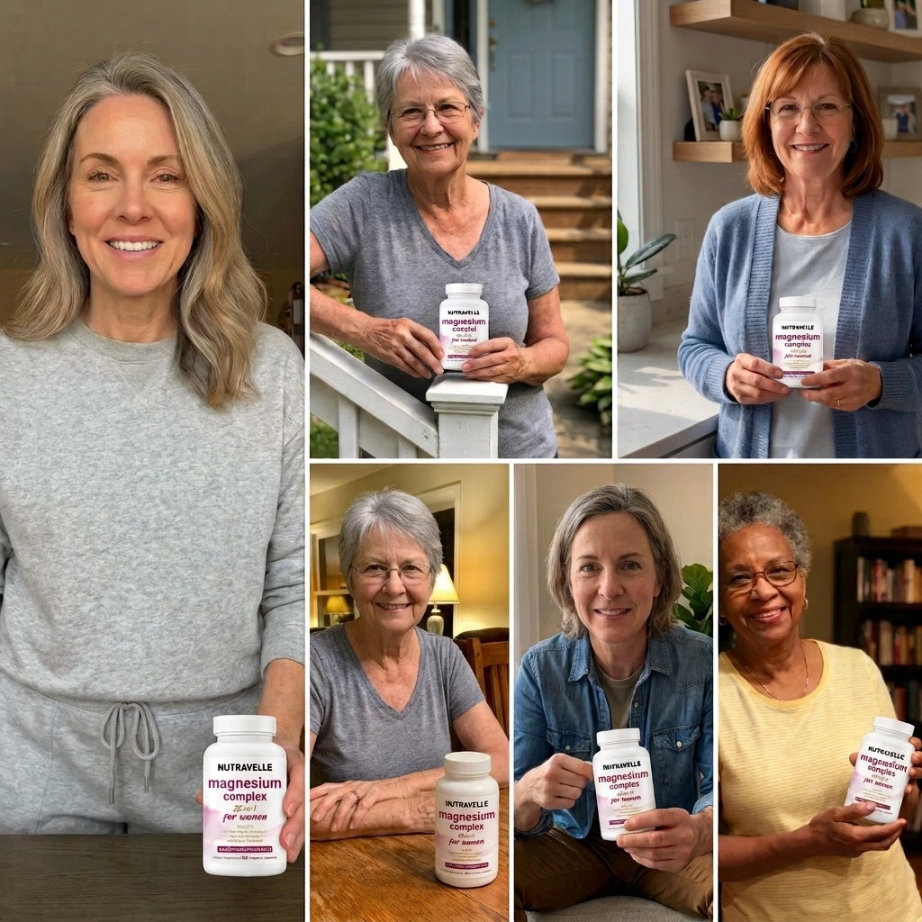 Collage of women holding Nutravelle Magnesium product bottles