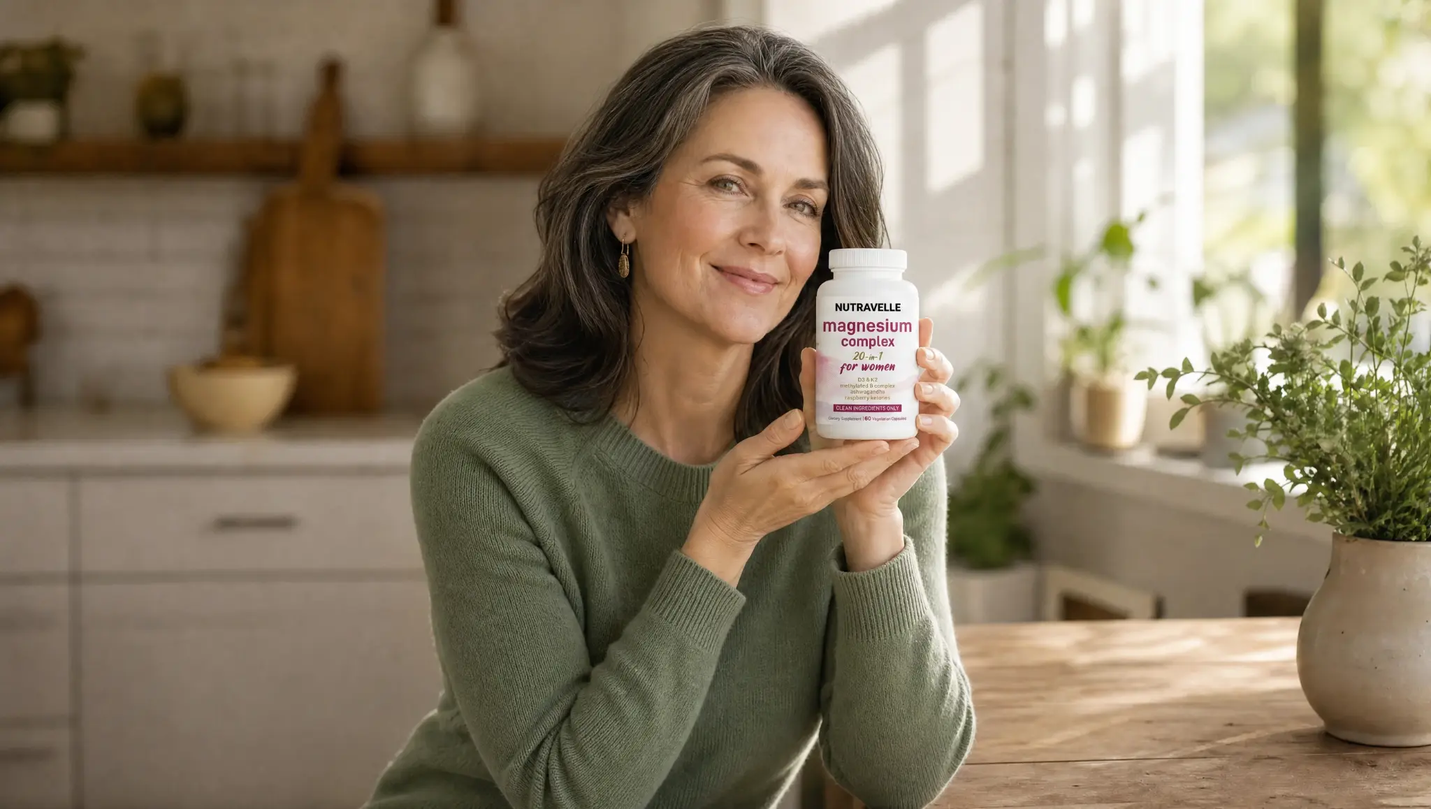 A woman holding a bottle of Nutravelle Magnesium in a sunlit kitchen